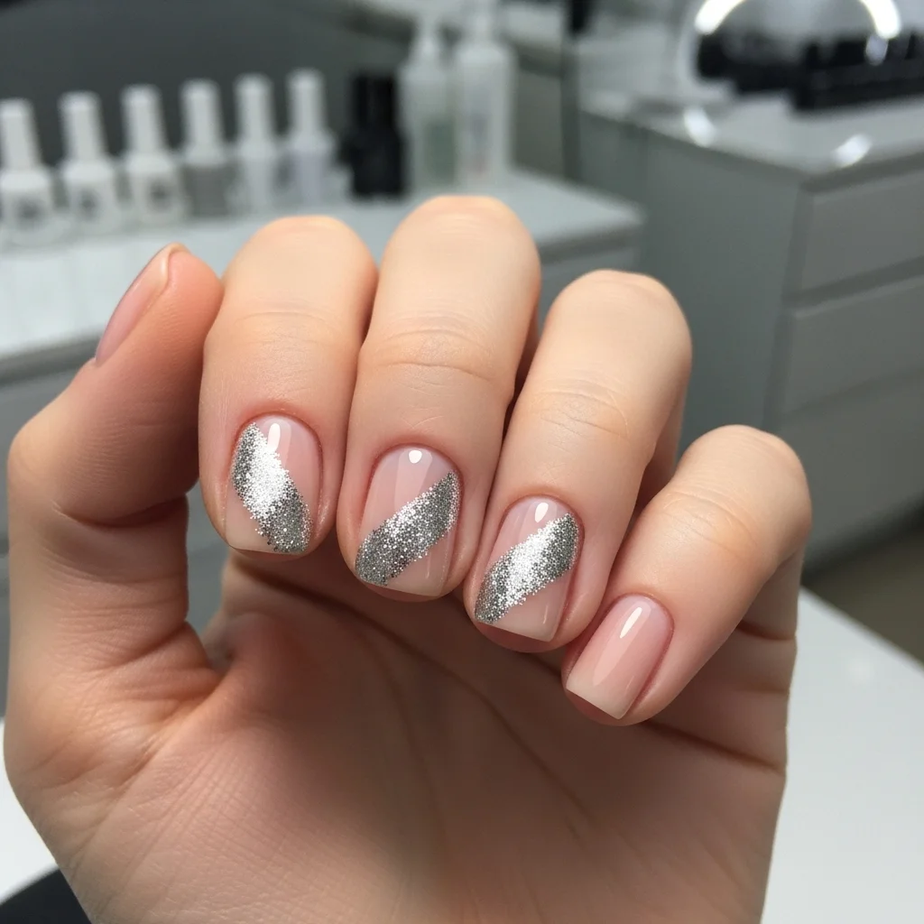 “Close-up of short nude nails with a soft diagonal sweep of silver glitter on two accent nails, set against a blurred marble background for a clean and modern look.”