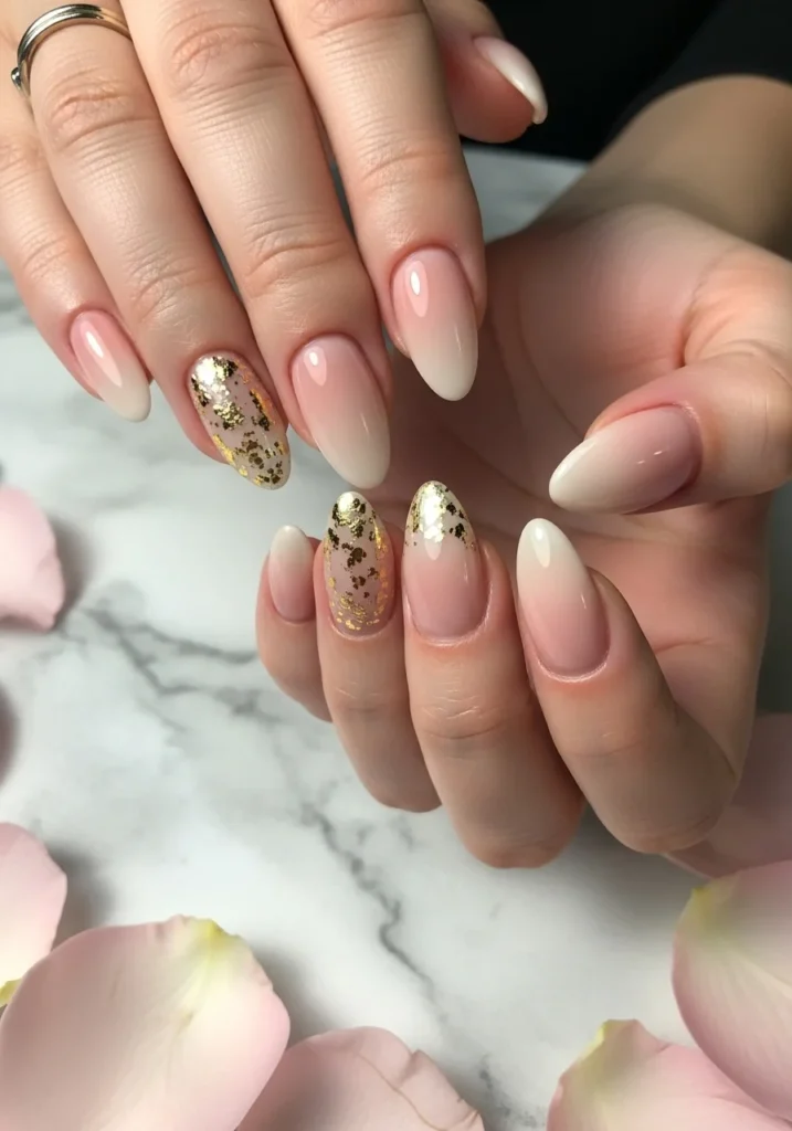 Nude almond nails with blush pink ombre and gold foil accents on a marble table.