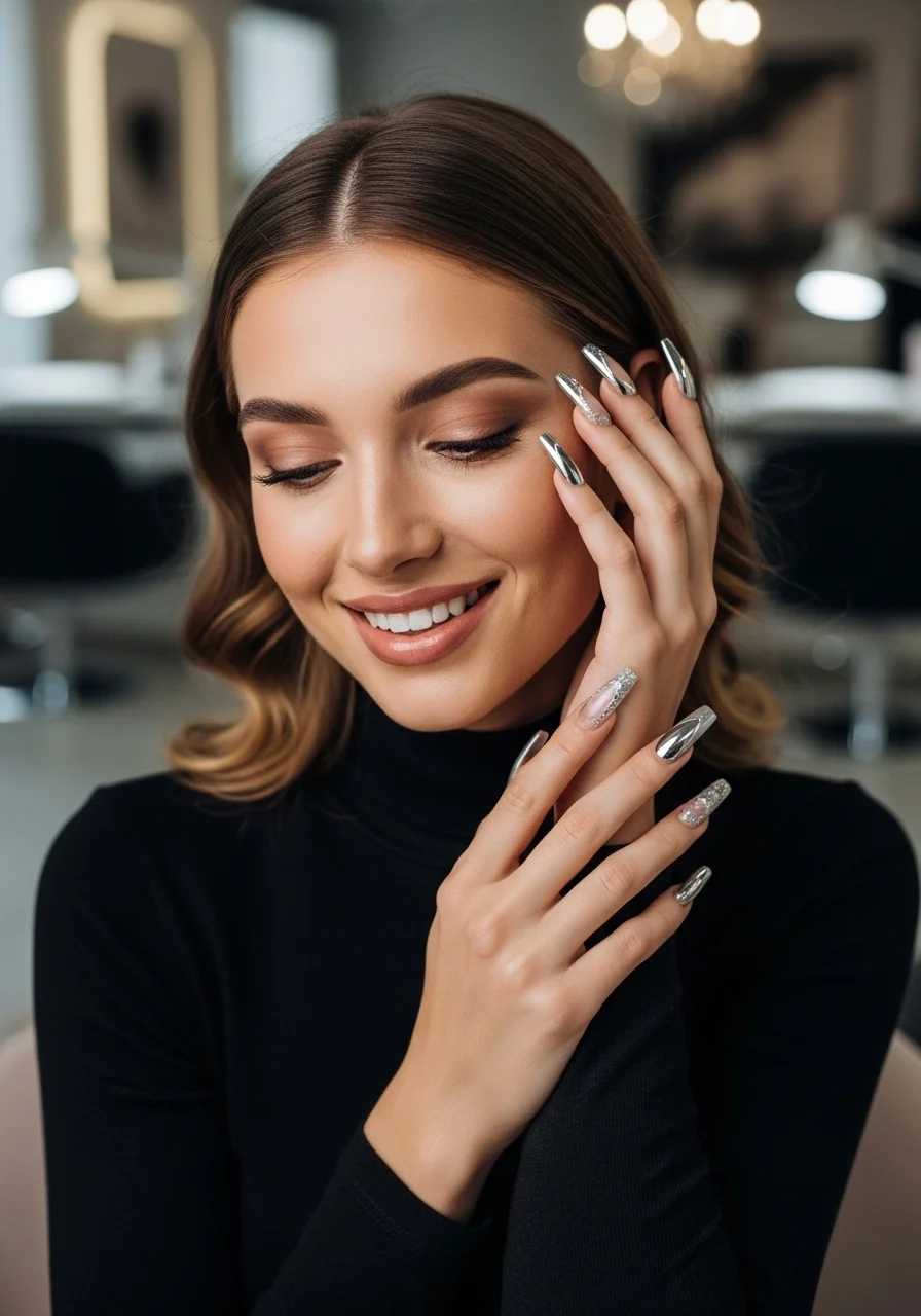 A stylish woman smiling at her long coffin-shaped acrylic nails with chrome and glitter accents, sitting in a modern nail salon with a softly blurred background.