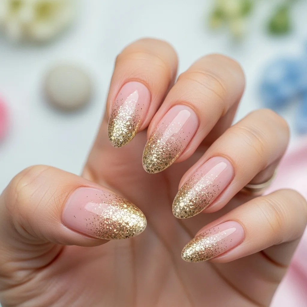 “Infographic of ombre glitter nails with a soft pink base and gold fade, a balanced design that sparkles subtly without being overpowering.”