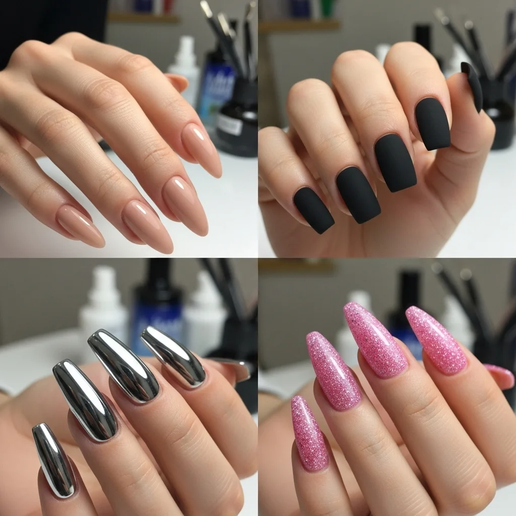 Acrylic nail designs gallery highlighting matte, glossy, chrome, and glitter finishes.