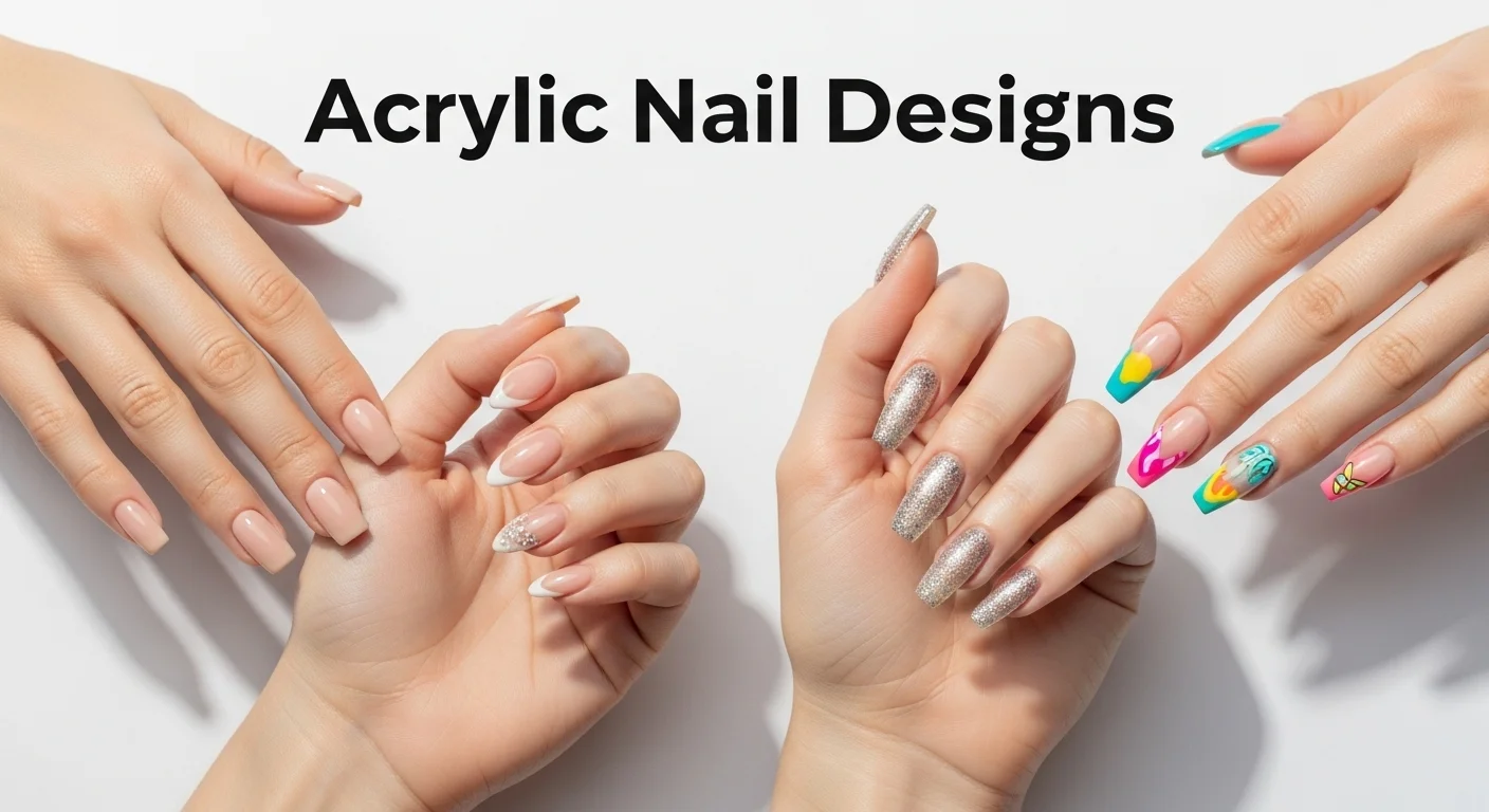 Featured image of multiple acrylic nail styles with bold text overlay reading “Acrylic Nail Designs.”