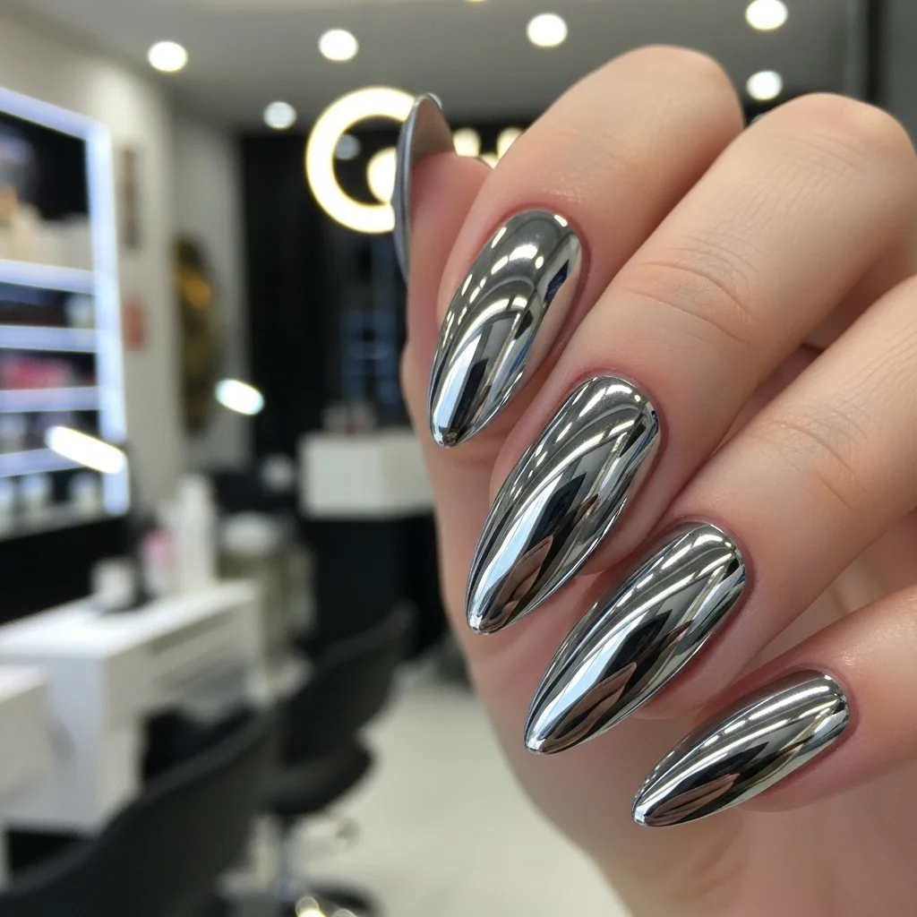Close-up of almond-shaped nails with silver mirror chrome finish, photographed in a nail salon setting.