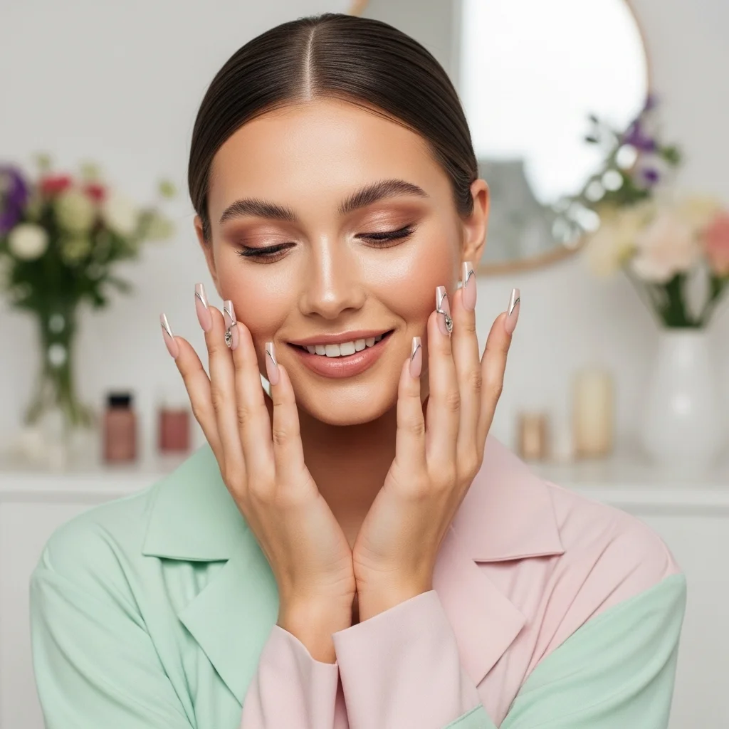 “Stylish woman smiling while looking at her nude chrome acrylic nails, captured in a bright minimal studio with soft floral decor.”