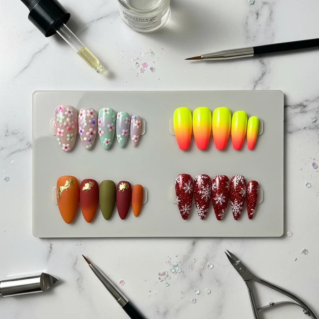 Seasonal acrylic nail designs gallery showing spring, summer, fall, and winter styles.