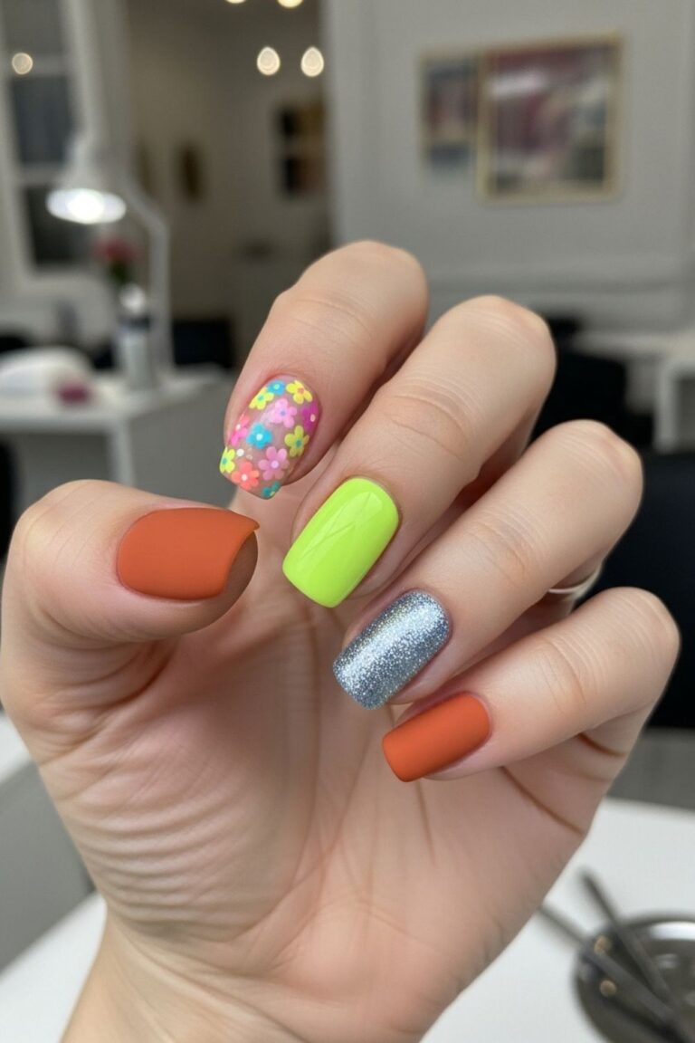 “Straight flat hand with seasonal nail designs: burnt orange fall nails, pastel spring florals, neon summer nails, and glittery silver-blue winter nails.”