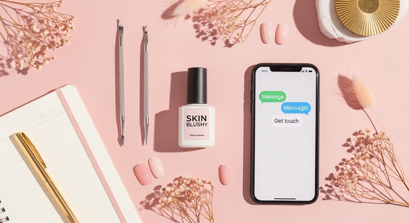Soft pink flat-lay with nail polish, manicure tools, and phone on desk, representing Skin Blushy Contact Us page.