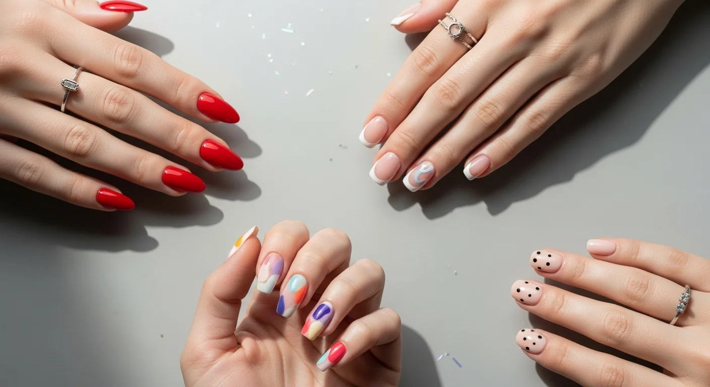 “Flat-lay of hands with different nail designs including gel, simple, trendy, and short styles, on a clean neutral background for a nail design blog header.”