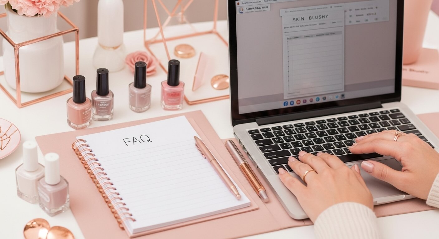 Woman with manicured nails typing on laptop beside nail polish and notebook with FAQ text, styled in blush tones for Skin Blushy.