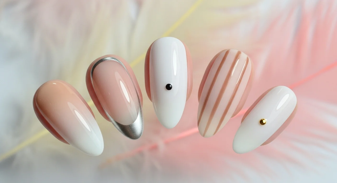 Minimal nail art variations on almond nails with ombre, metallic tips, and simple accents, shown against a feather-inspired pastel background.