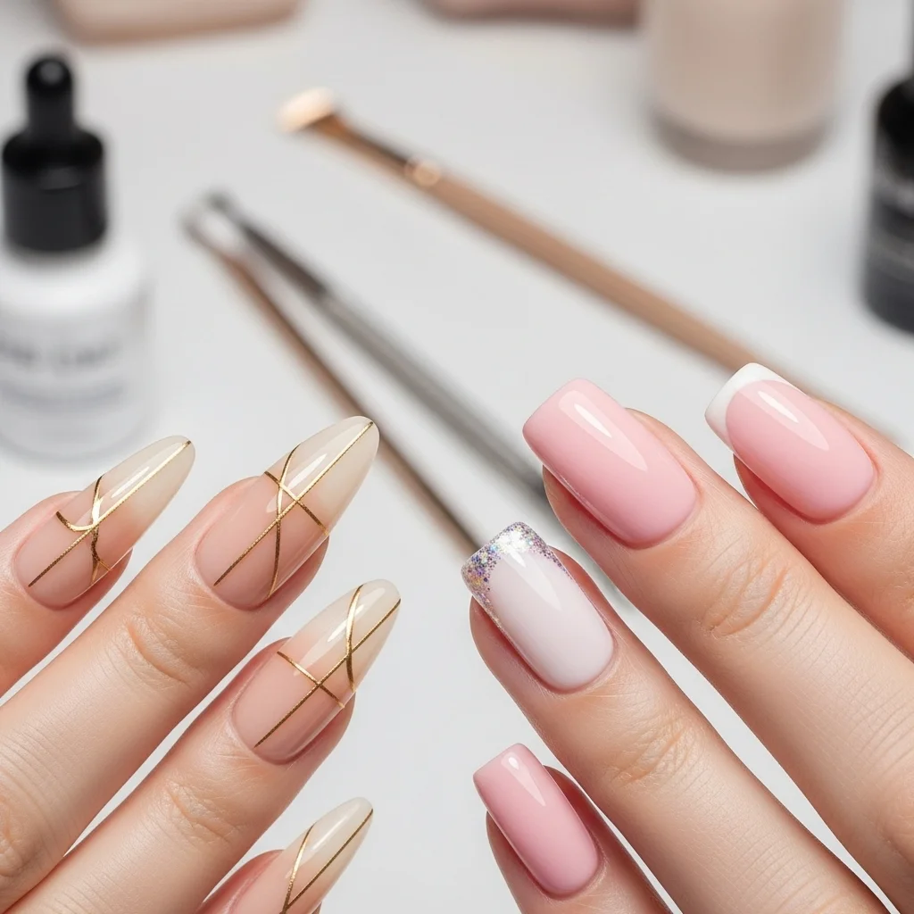 “Close-up of gel nail designs featuring classy nude nails with gold lines, short pastel pink glossy nails, and a French tip with glitter accent, shown against a blurred vanity background.”