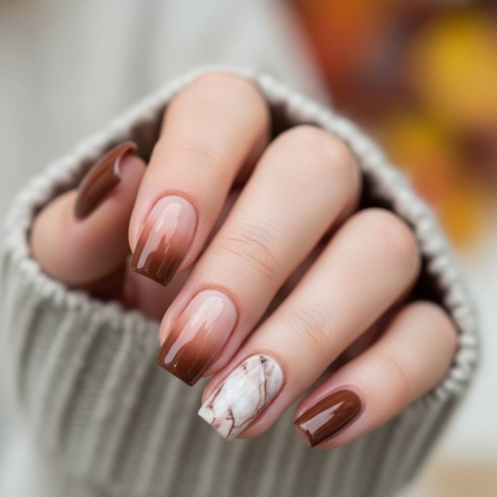 Brown and taupe ombre nails with marble accent, cozy neutral fall vibe.