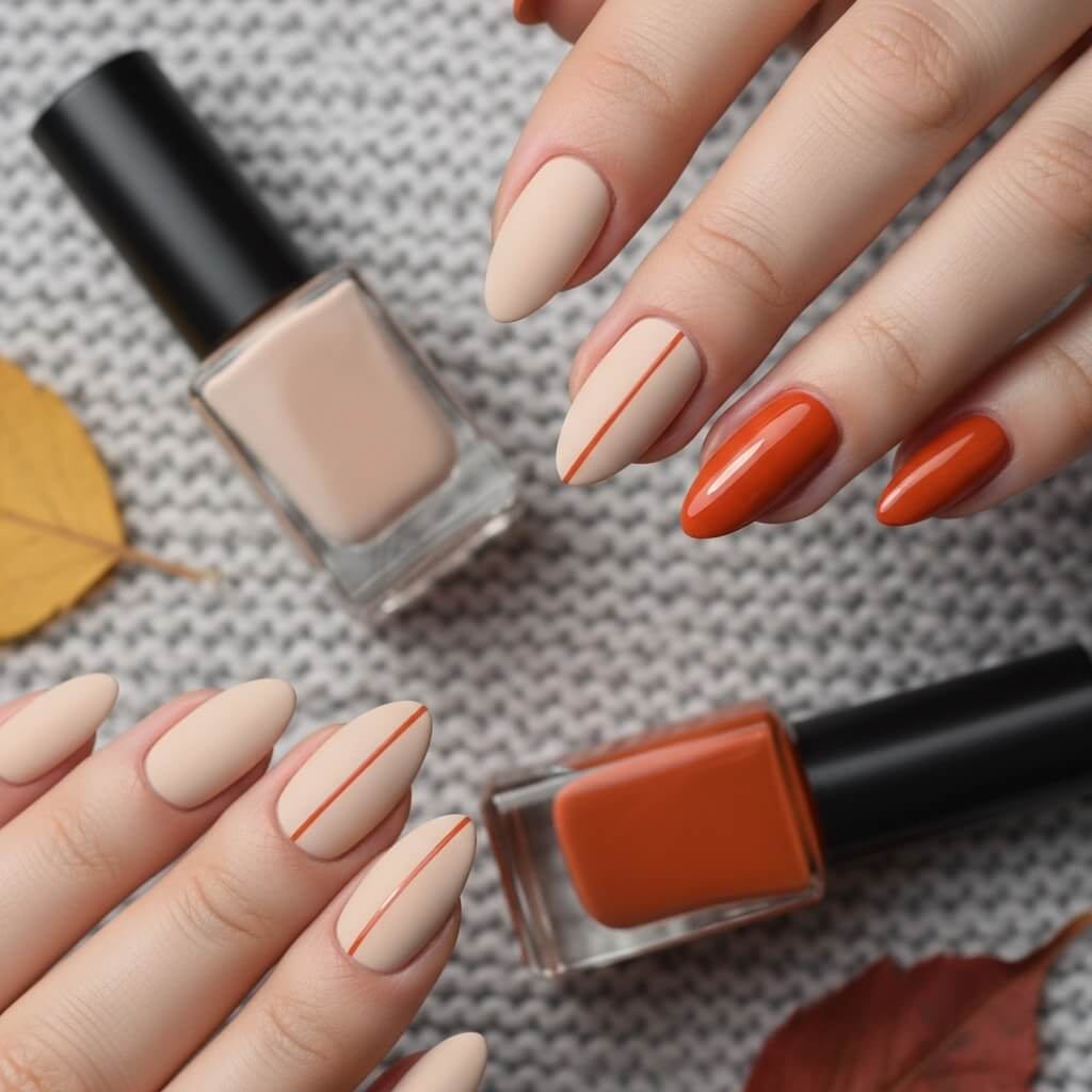 Two-tone matte beige and glossy orange fall nails with cozy autumn background.